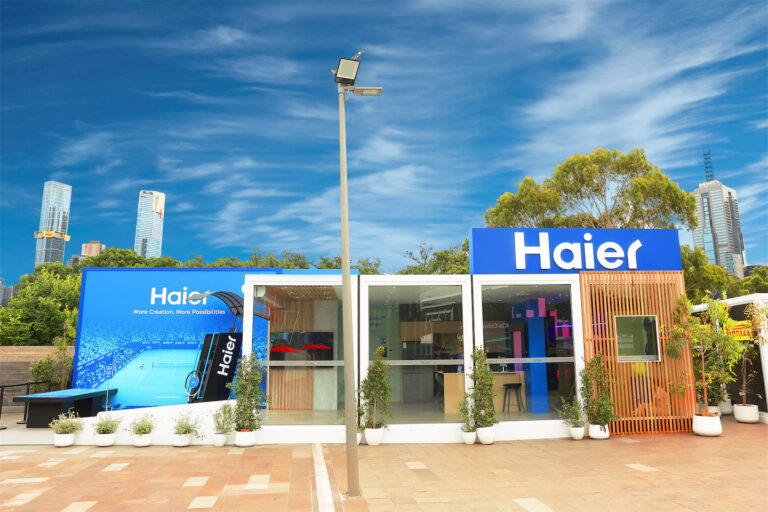 Front view of Haier's modular event structure at the Australian Open.