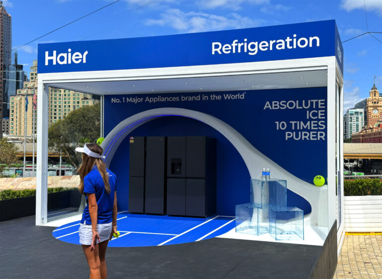 Modular product display area for Haier appliances at Fed Square.