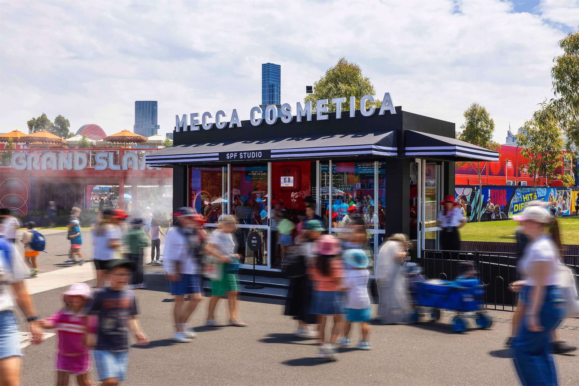 a group of people walking outside a store