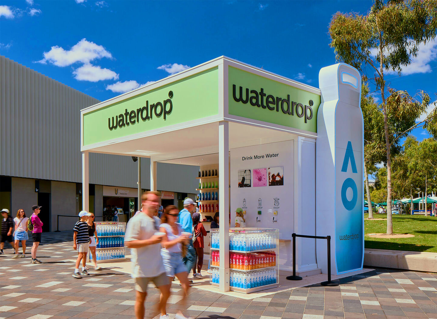 Interactive product sampling booth for Waterdrop at the Australian Open, built with a Groblox Single Block.