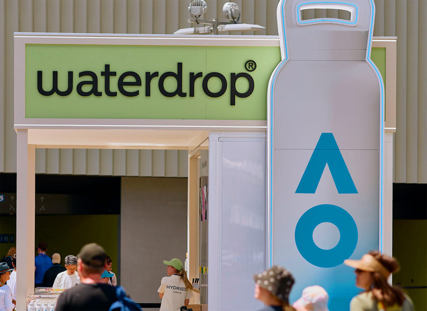Waterdrop's modular hydration station at the Australian Open, facilitating spectator refreshment.