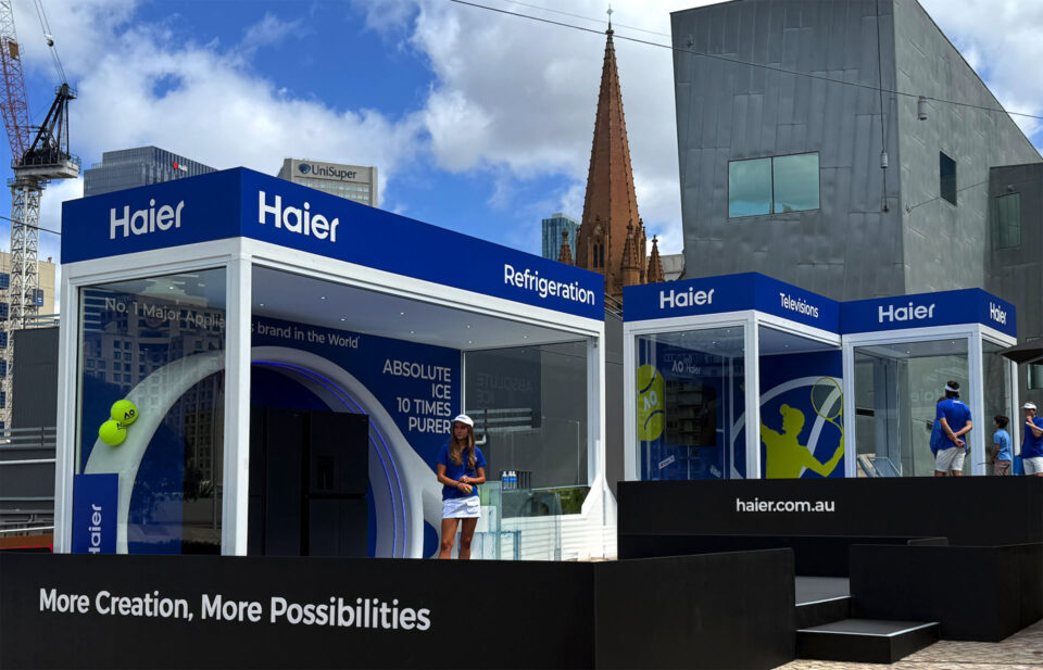 Haier's interactive brand activation solution at fed square, constructed using groblox's modular systems.