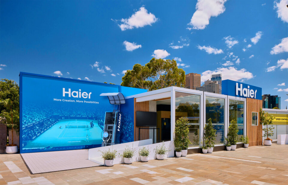 Haier's interactive exhibit space at the Australian Open, a brand activation featuring Groblox's modular design
