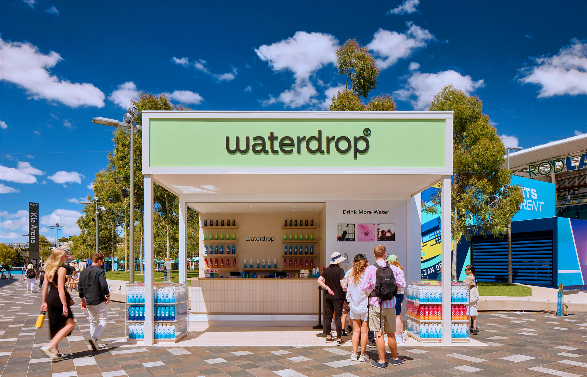 Waterdrop's pop-up at the Australian Open. Modular brand activation structure supplied by Groblox.
