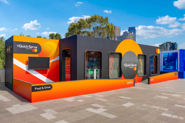Groblox modular event structure with Mastercard signage